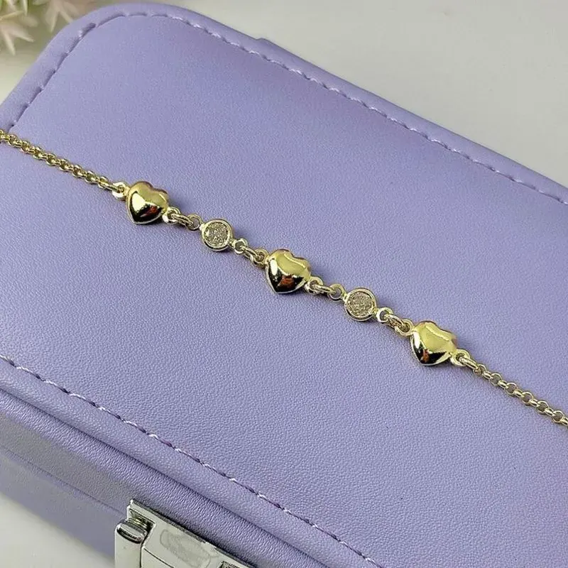 Pulseira Elo Português Corações e Zirc.